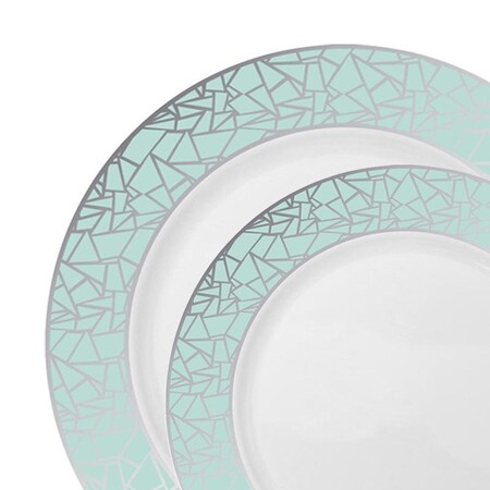 Smarty Had A Party White Turquoise Blue & Silver Mosaic Plastic Dinnerware Set, 120 Dinner Plates, 120 Salad Plates, 240PK 890TBSVP-CASE